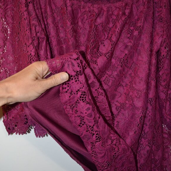 OURS Wine Red Lace Floral Open Shoulders Bohemian Style Silky Lining Blouse L - Picture 6 of 10